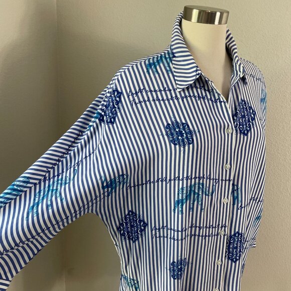 Chicos Womens XL Button Up Striped Blouse Long Dolman Sleeve Tunic Top Shirt - Picture 2 of 12